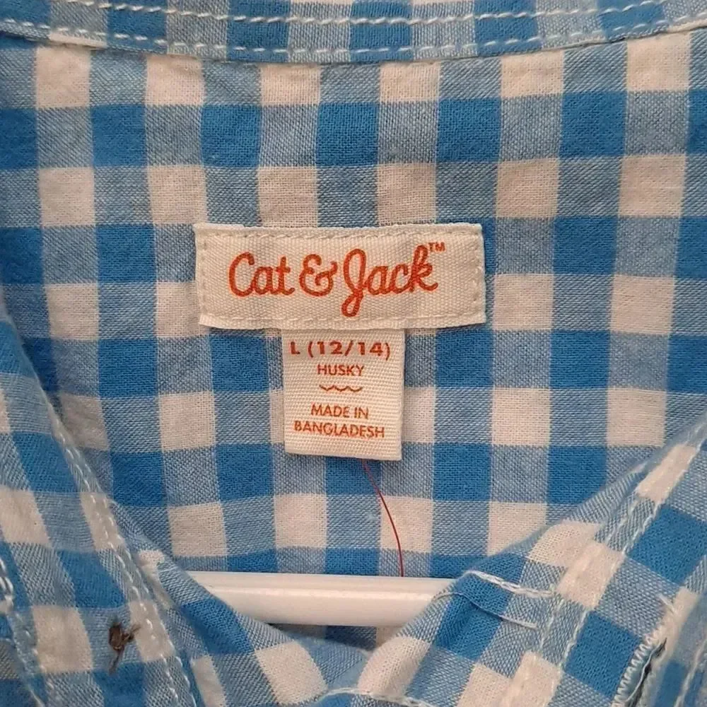 Cat & Jack Target Brand Long Sleeve Plaid Button Shirt Bluebell Blue White Plaid
